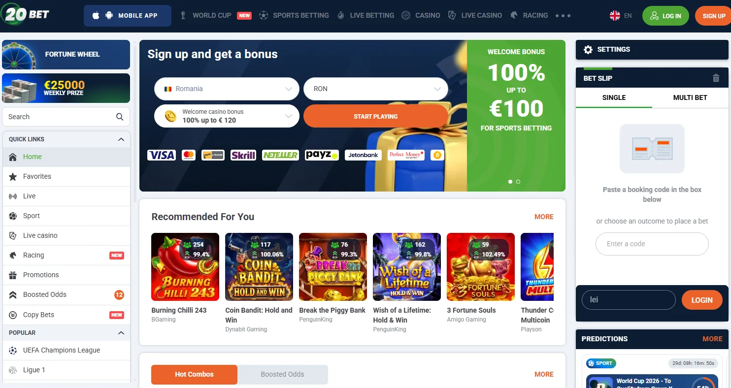 20Bet sportsbook homepage overview