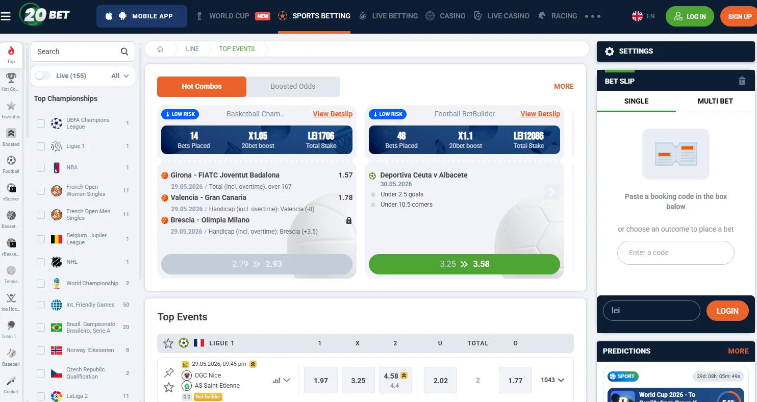 20Bet live betting interface