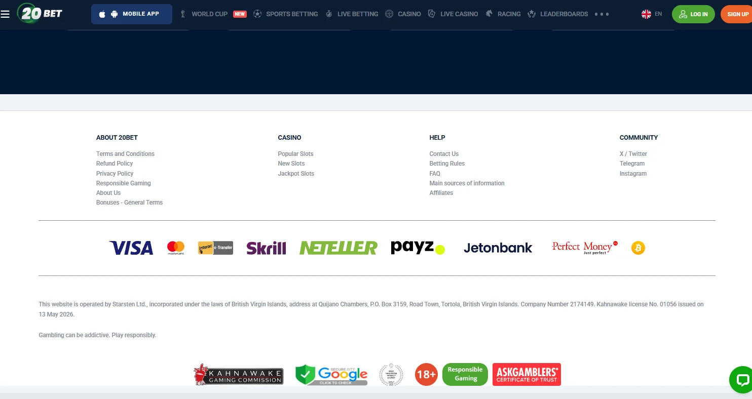 20Bet deposit and withdrawal options