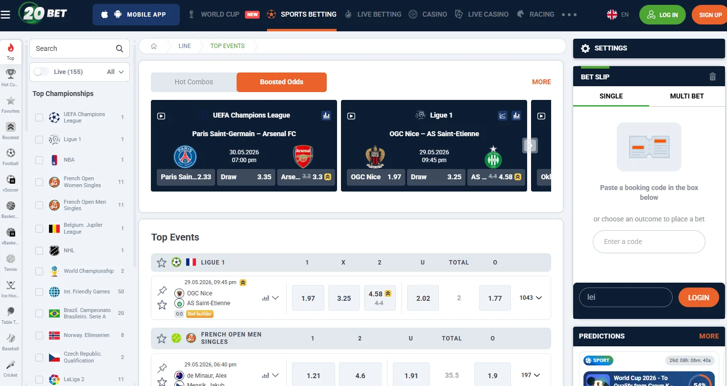 20Bet sportsbook markets and sports coverage