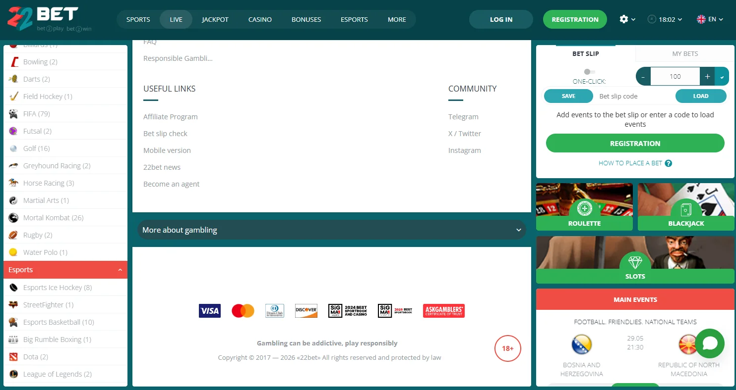 22Bet deposit and withdrawal options