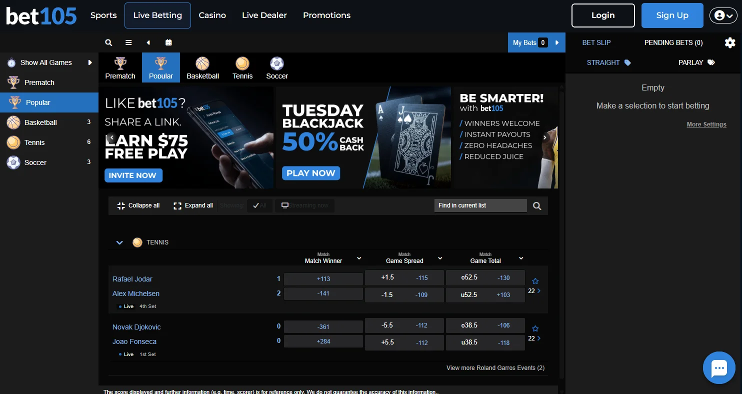 Bet105 live betting interface