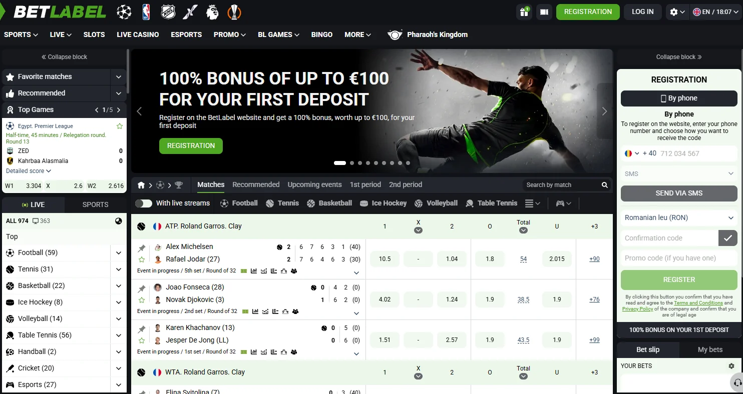 BetLabel sportsbook homepage overview