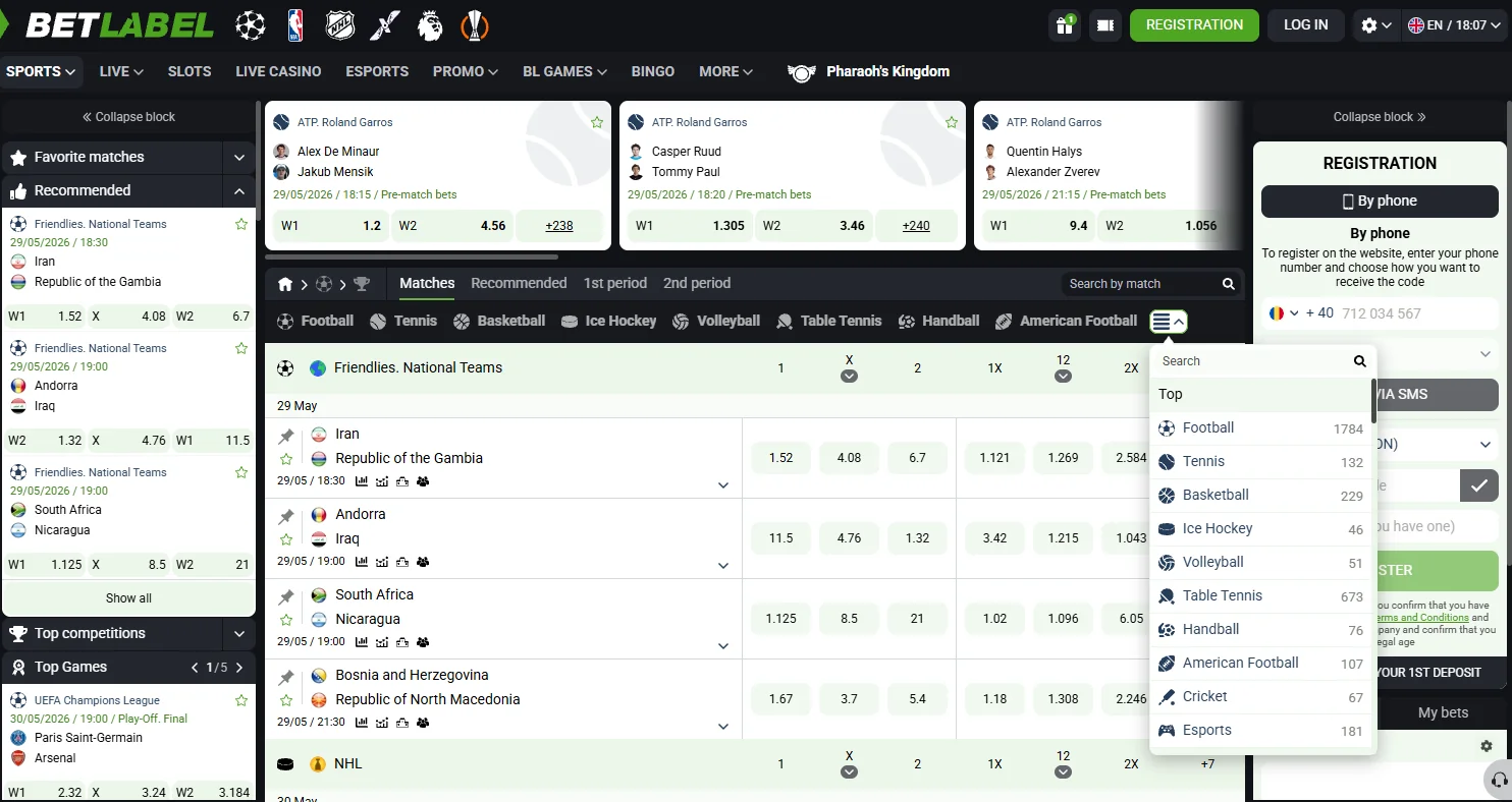 BetLabel sportsbook markets and sports coverage