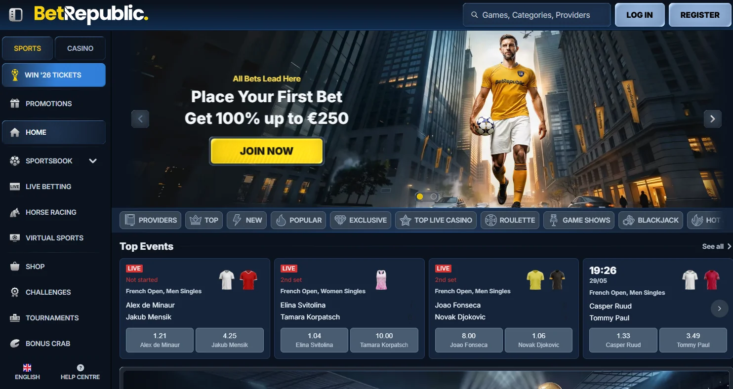 BetRepublic sportsbook homepage overview