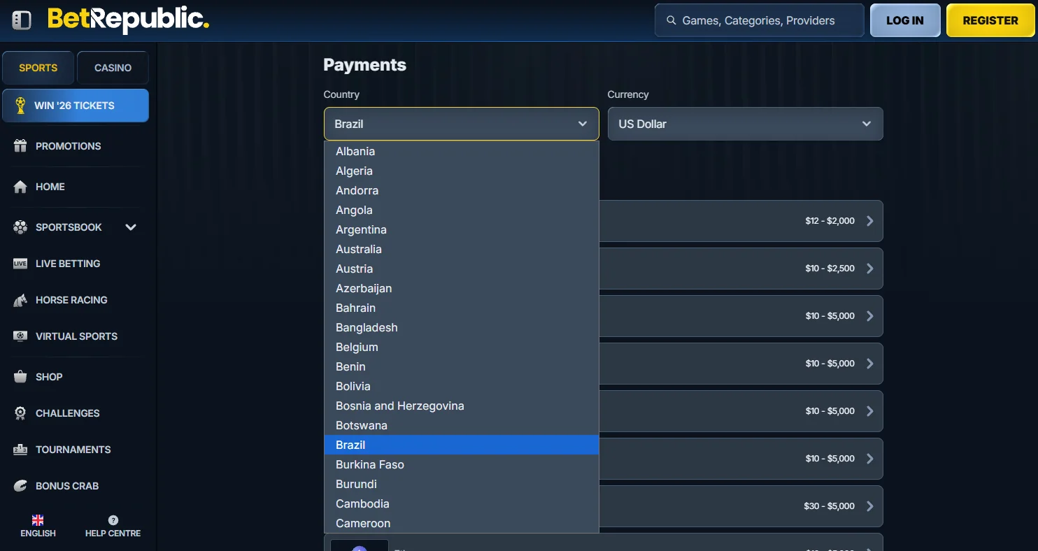 BetRepublic deposit and withdrawal options