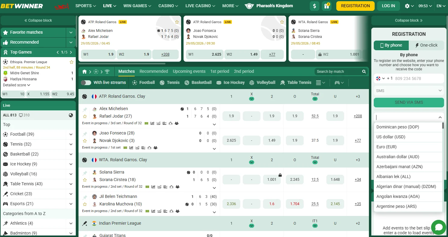 BetWinner live betting interface