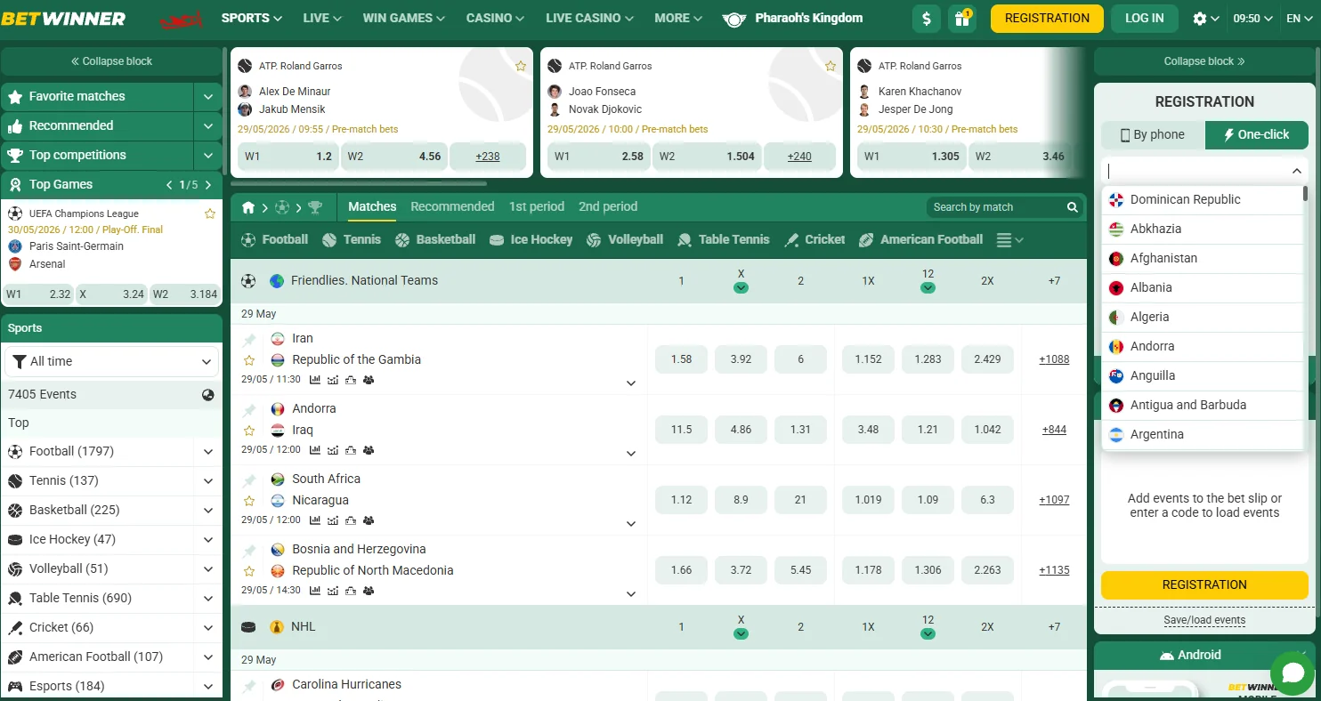 BetWinner sportsbook markets and sports coverage