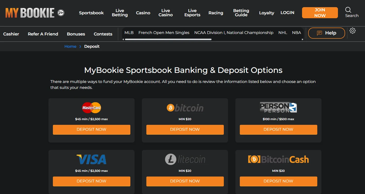 MyBookie deposit and withdrawal options