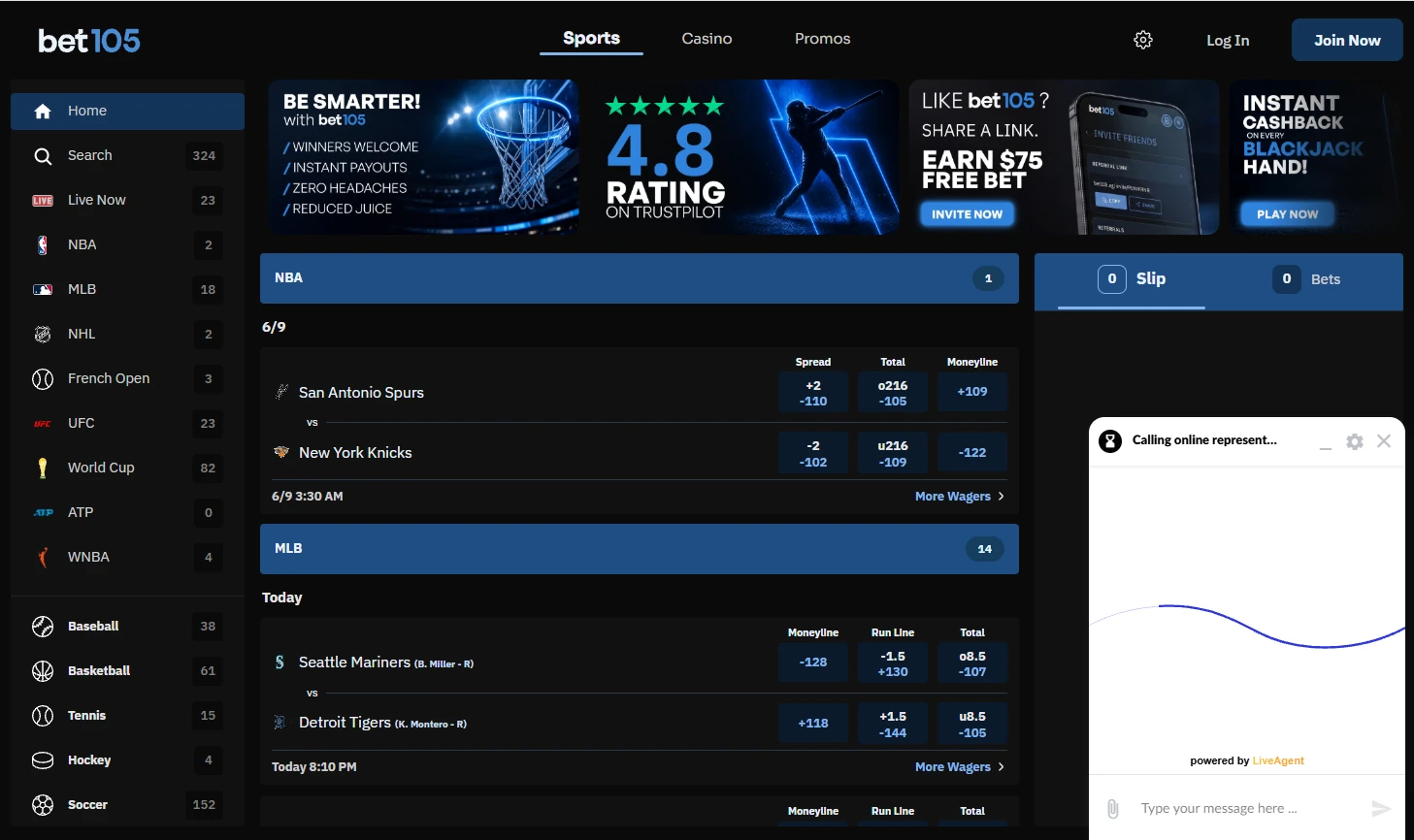 Bet105 website screenshot